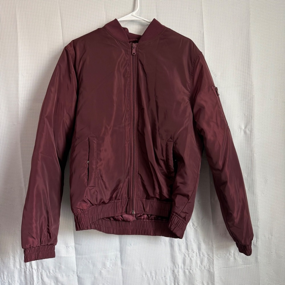 Forever 21 Men Bomber Jacket Size M Burgundy Maroon Full Zip Lightweight Padded